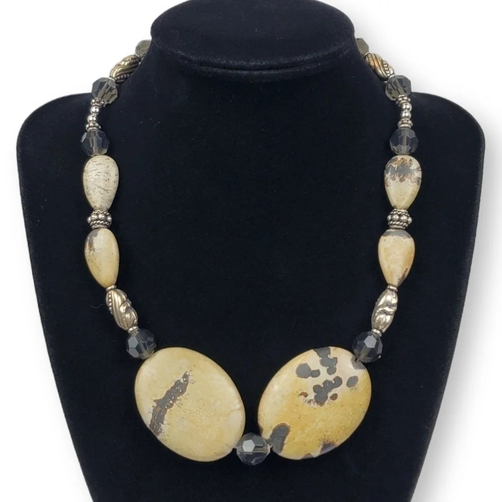 Jasper Beaded Statement Necklace Tan Gray Oval Natural Stone Silver Tone 19